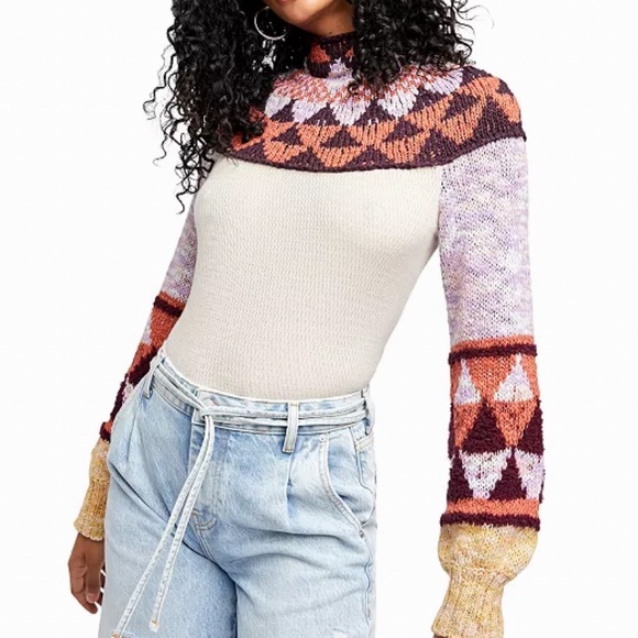 FREE PEOPLE CROCHET TURTLENECK SWEATER IN NAVY COMBO LONG PUFF SLEEVES - Picture 6 of 16